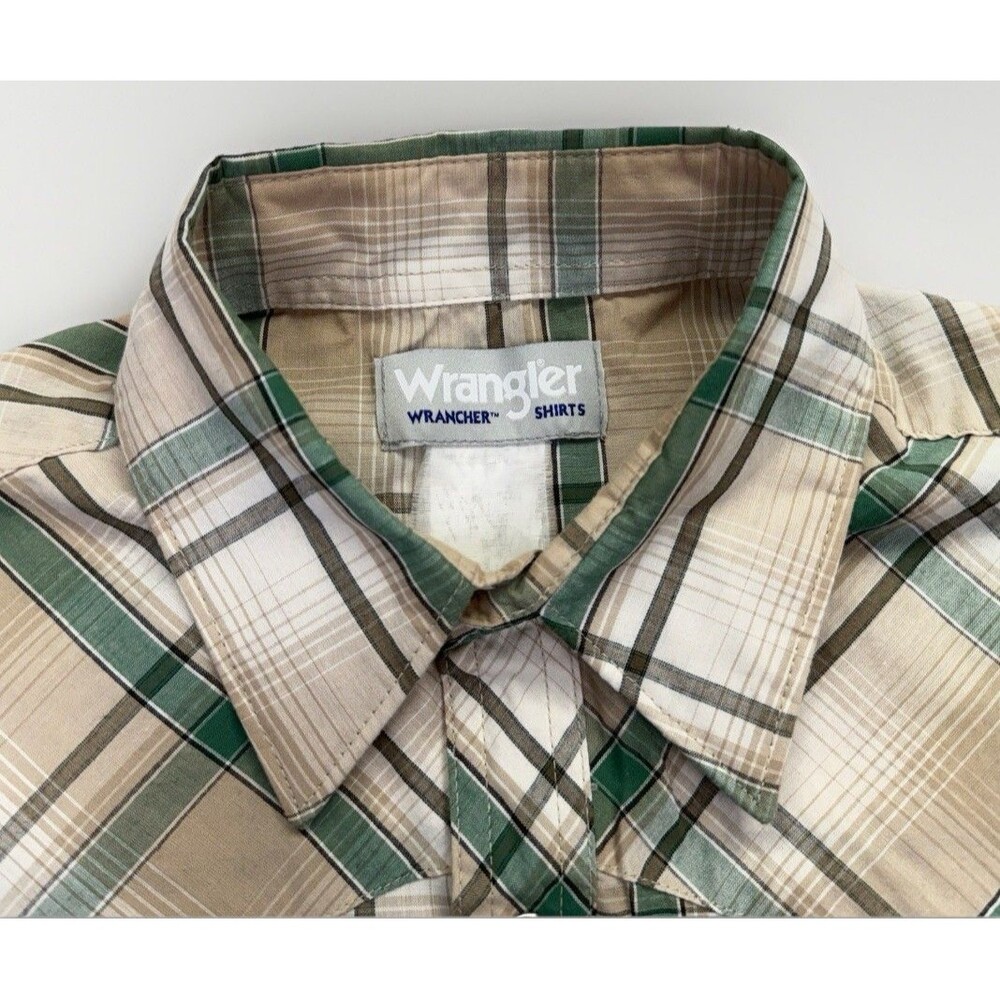Wrangler Rodeo Wrancher Tan Green Plaid Shirt Pearl Snaps Long Sleeves Cotton L - Picture 4 of 7